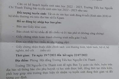 THƯỜNG TH NGUYỄN CHÍ THANH THÔNG BÁO TUYỂN SINH LỚP 1 NĂM HỌC 2022-2023